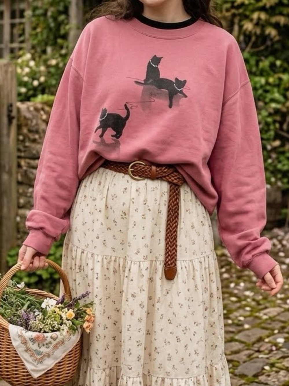Vintage Morning Sun Top Stitch Black Cat Pearl Sweatshirt 2XL Mauve Pink 90s